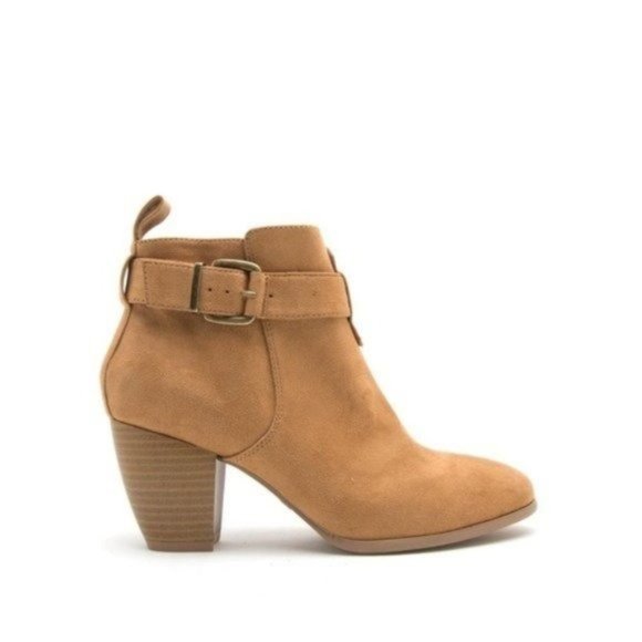 Tan buckle suede block heel ankle bootie - Picture 4 of 6